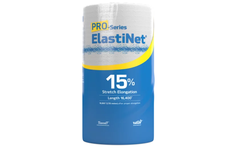 ElastiNet PRO-Series roll by TamaNet with 15% stretch elongation and 16,400' length for pallet wrapping