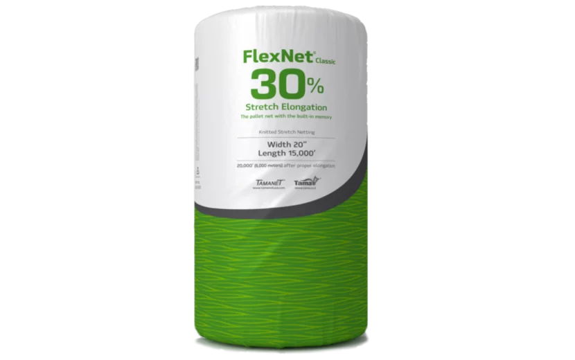 FlexNet Classic roll by TamaNet with 30% stretch elongation, 20-inch width, and 15,000 feet length for pallet wrapping