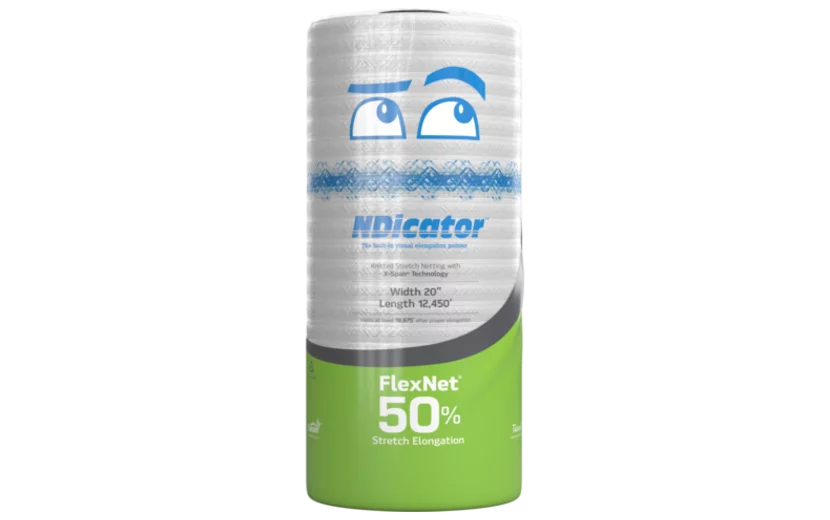 NDicator FlexNet roll by Tama with 50% stretch elongation, featuring visual elongation markers for wrapping